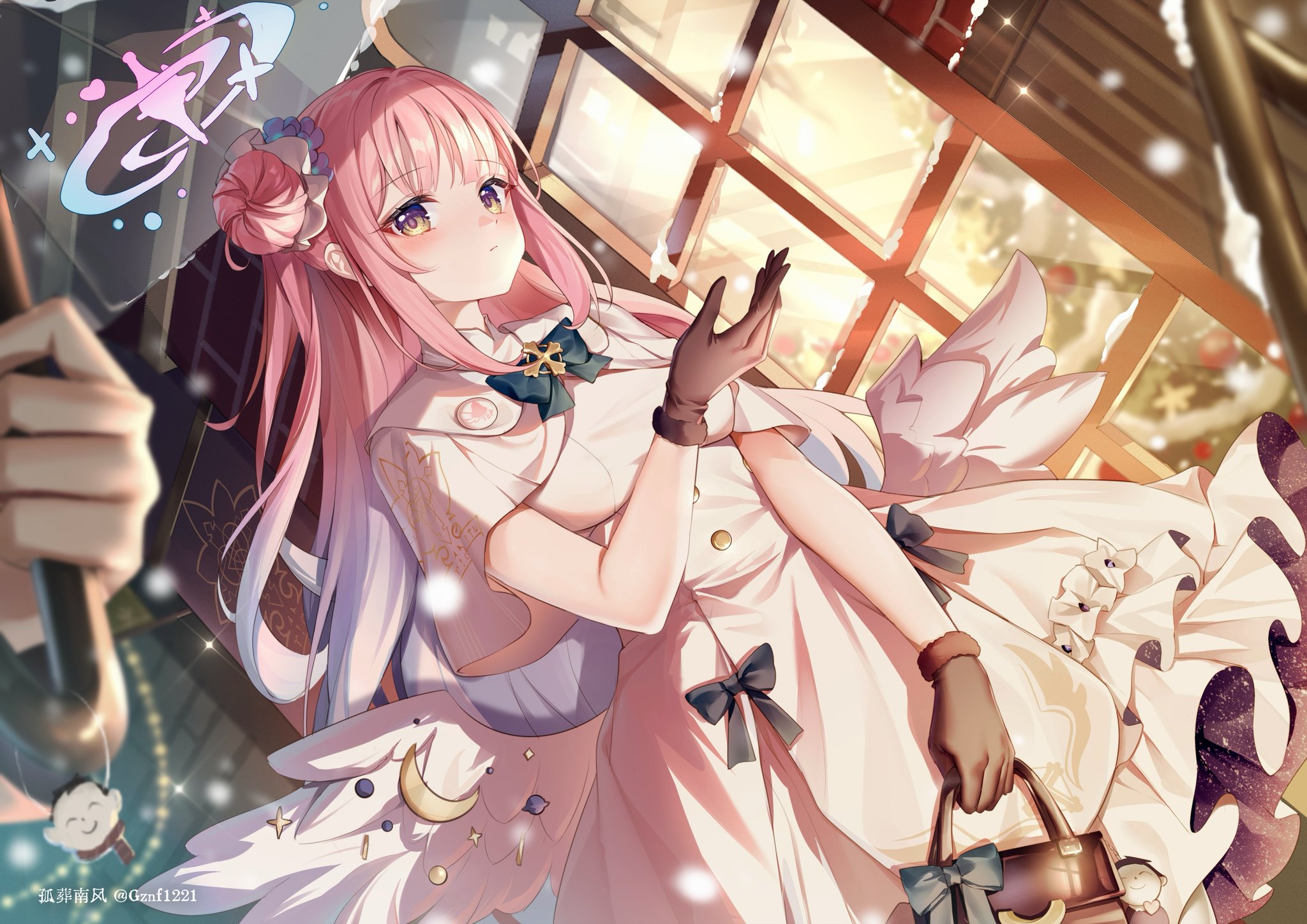 guzangnanfeng, mika (blue archive), blue archive, commentary request, highres, 1girl, 1other, black gloves, blush, capelet, closed mouth, dress, gloves, hair bun, hand up, long hair, looking at viewer, low wings, outdoors, pink hair, single hair bun, solo focus, white capelet, white dress, white wings, wing ornament, wings, yellow eyes