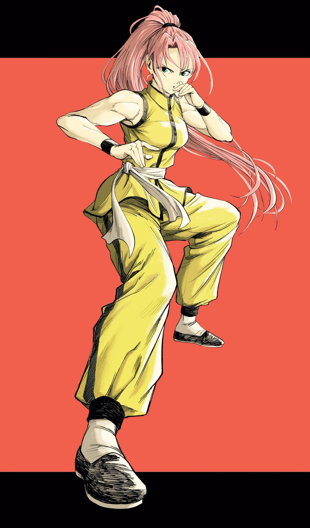 lee (dragon garou), original, commentary request, highres, 1girl, breasts, dougi, fighting stance, foreshortening, full body, green eyes, high ponytail, long hair, medium breasts, open mouth, pants, pink hair, ponytail, sash, serious, solo, toned, toned female, very long hair, vest, white sash, wristband, yellow pants, yellow vest