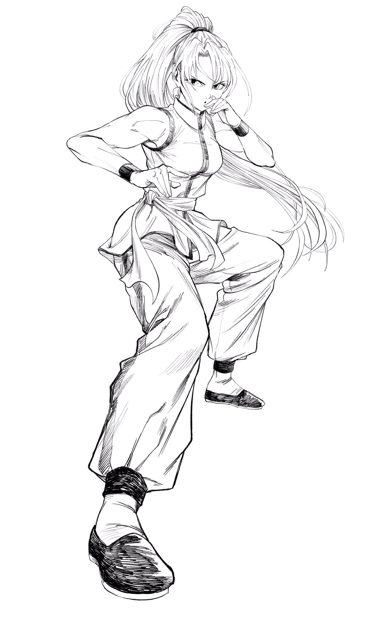 lee (dragon garou), original, commentary request, highres, 1girl, breasts, dougi, fighting stance, foreshortening, full body, greyscale, high ponytail, long hair, medium breasts, monochrome, open mouth, ponytail, sash, serious, solo, toned, toned female, very long hair, wristband