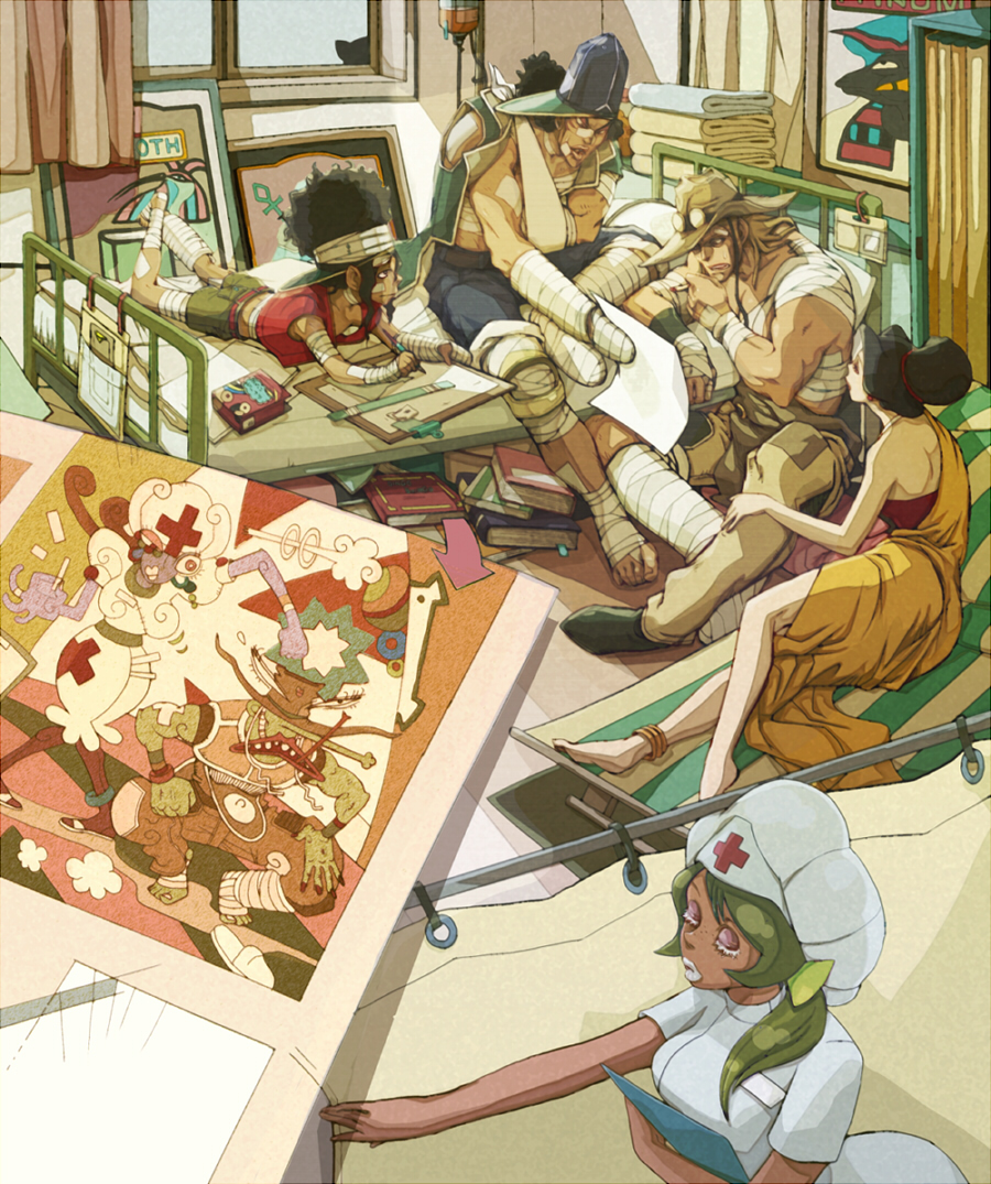 mov, boingo, hol horse, oingo, jojo no kimyou na bouken, drawing, 2girls, 3boys, arm sling, bandages, bed, cast, hat, hospital, hospital bed, medical, multiple boys, multiple girls, nurse, ponytail