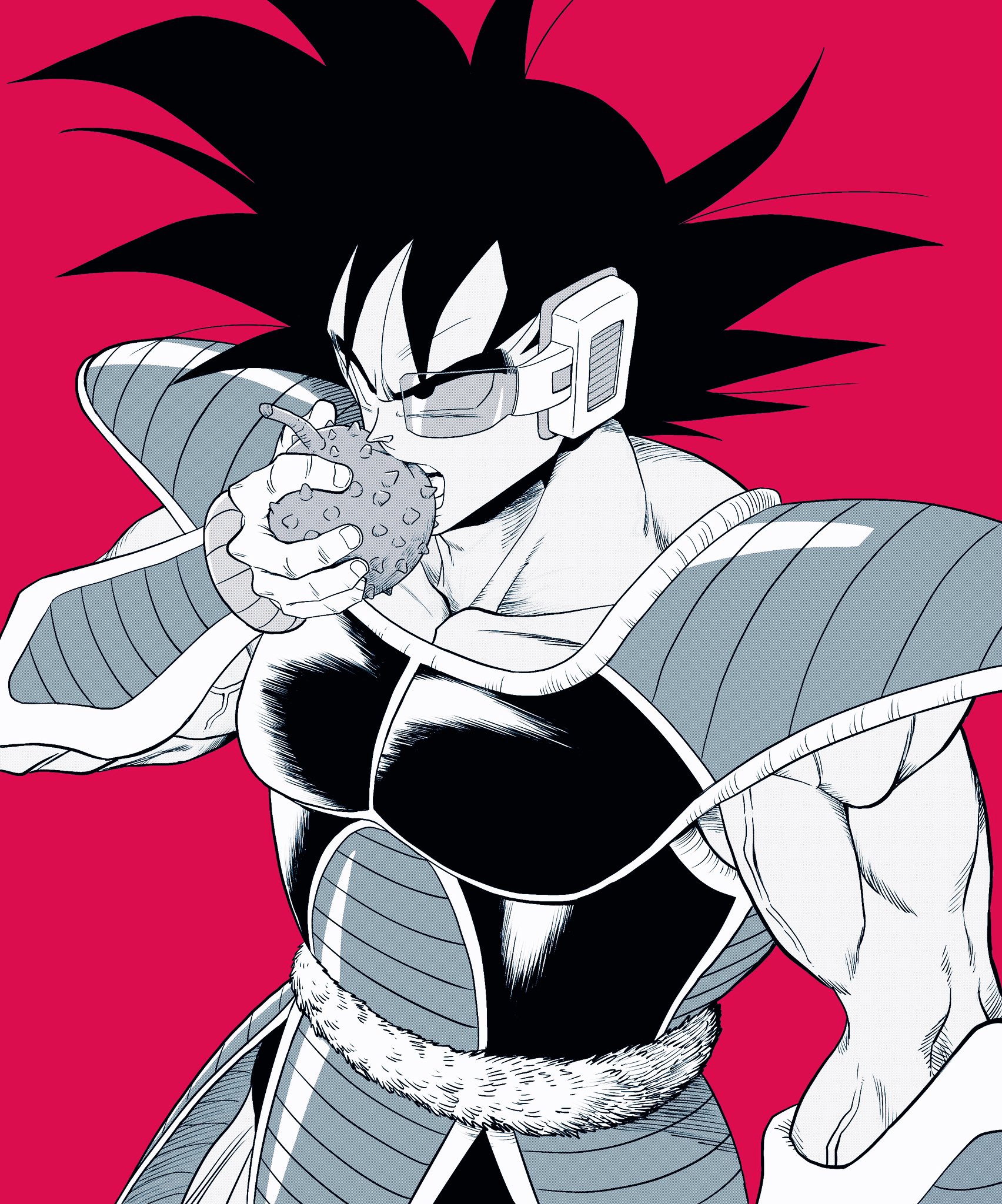 lee (dragon garou), tullece, dragon ball, dragonball z, commentary request, highres, 1boy, armor, collarbone, eating, food, from above, fruit, furrowed brow, holding, holding food, holding fruit, limited palette, male focus, muscular, muscular male, profile, red background, saiyan, scouter, shoulder armor, solo, tail around own waist, upper body