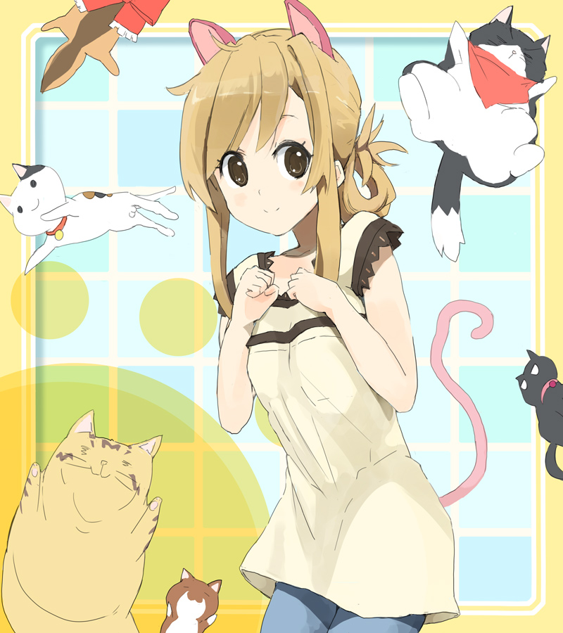 nasuna, josephine (nyan koi), mizuno kaede, noir (nyan koi), nyamsas, tama (nyan koi), nyan koi!, 00s, 1girl, animal ears, blonde hair, brown eyes, cat, cat ears, cat tail, folded ponytail, long hair, tail, too many, too many cats