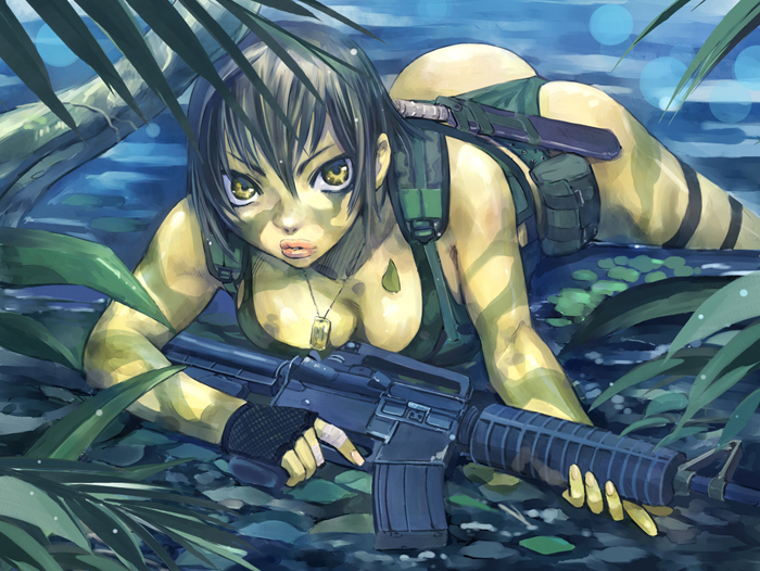 konchiki, 1girl, ass, assault rifle, breasts, camouflage, cleavage, female focus, fingerless gloves, gloves, gun, large breasts, lying, m4 carbine, rifle, short hair, solo, weapon