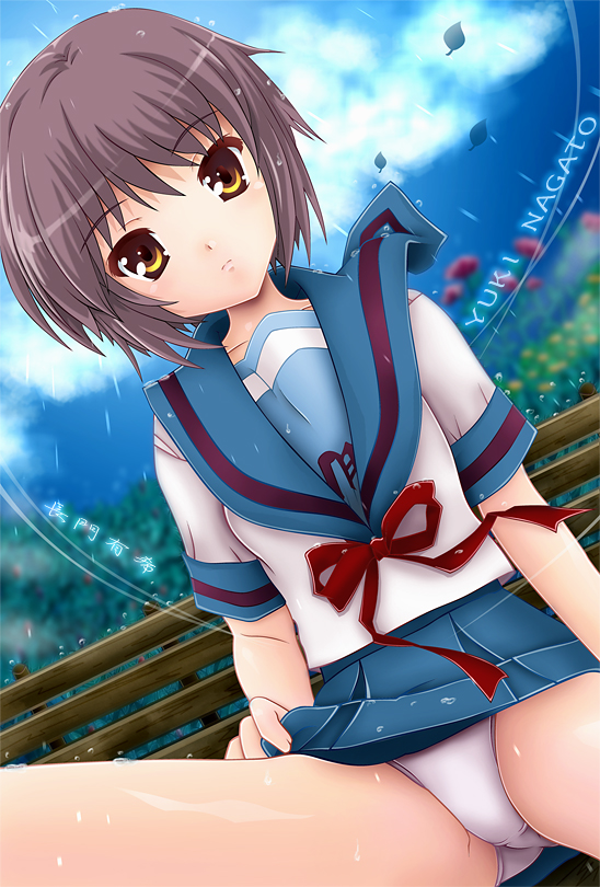 hatanokanna, kanna-chan to issho, nagato yuki, suzumiya haruhi no yuuutsu, 00s, 1girl, bench, brown eyes, dutch angle, female focus, grey hair, panties, pantyshot, rain, school uniform, serafuku, short hair, sitting, skirt, solo, spread legs, underwear, white panties