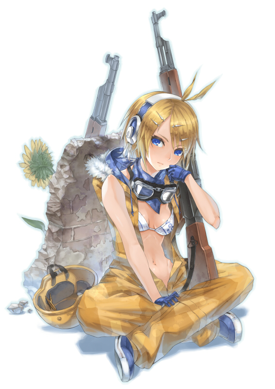 nidy, kagamine rin, vocaloid, 1girl, bikini, bikini top only, blonde hair, blue eyes, breasts, cleavage, female focus, gloves, goggles, goggles around neck, gun, open clothes, open shirt, rifle, shirt, sitting, solo, swimsuit, weapon
