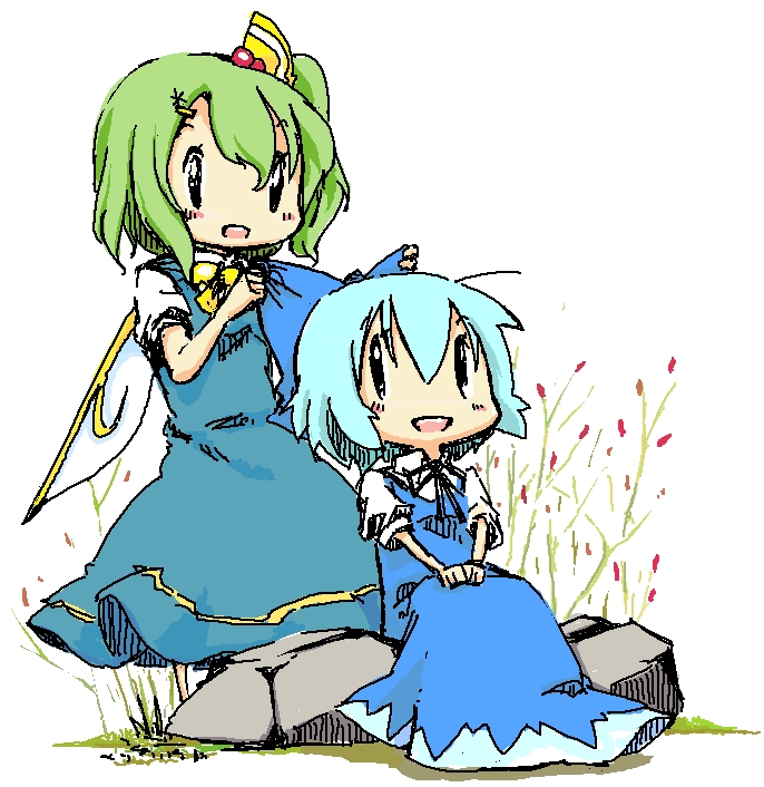 tsukino, cirno, daiyousei, embodiment of scarlet devil, touhou, 2girls, blue hair, chibi, green hair, hair between eyes, multiple girls