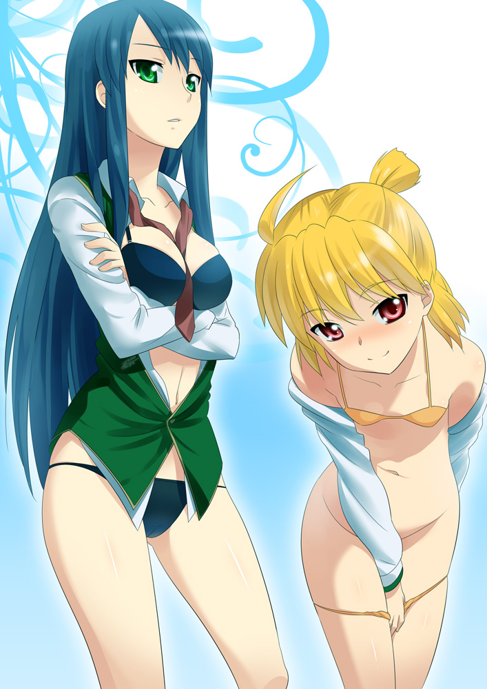 zpolice, original, bad id, bad pixiv id, 2girls, bikini pull, blonde hair, blue hair, bra, clothes pull, crossed arms, flat chest, green eyes, lingerie, long hair, multiple girls, panties, pulling own clothes, red eyes, short hair, underwear