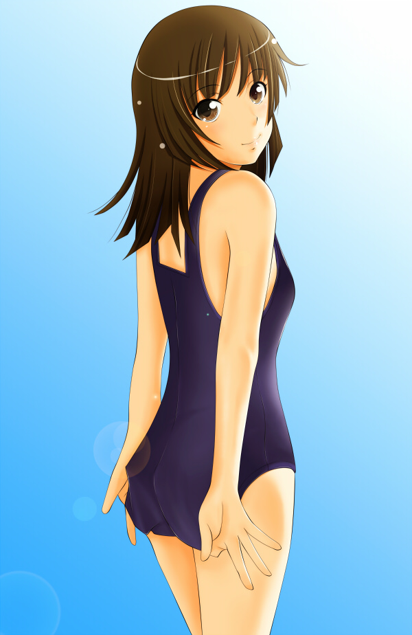 kishida-shiki, sengoku nadeko, bakemonogatari, monogatari (series), bad id, bad pixiv id, 00s, 1girl, adjusting clothes, adjusting swimsuit, back, bare shoulders, brown eyes, brown hair, female focus, gradient background, lens flare, long hair, looking back, one-piece swimsuit, smile, solo, swimsuit