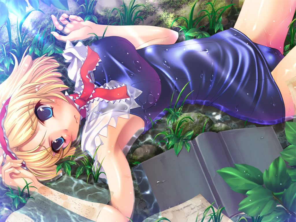 ichio, alice margatroid, touhou, duplicate, jpeg artifacts, 1girl, blush, book, female focus, hairband, one-piece swimsuit, school swimsuit, shiny clothes, solo, swimsuit, water, wet, wet clothes