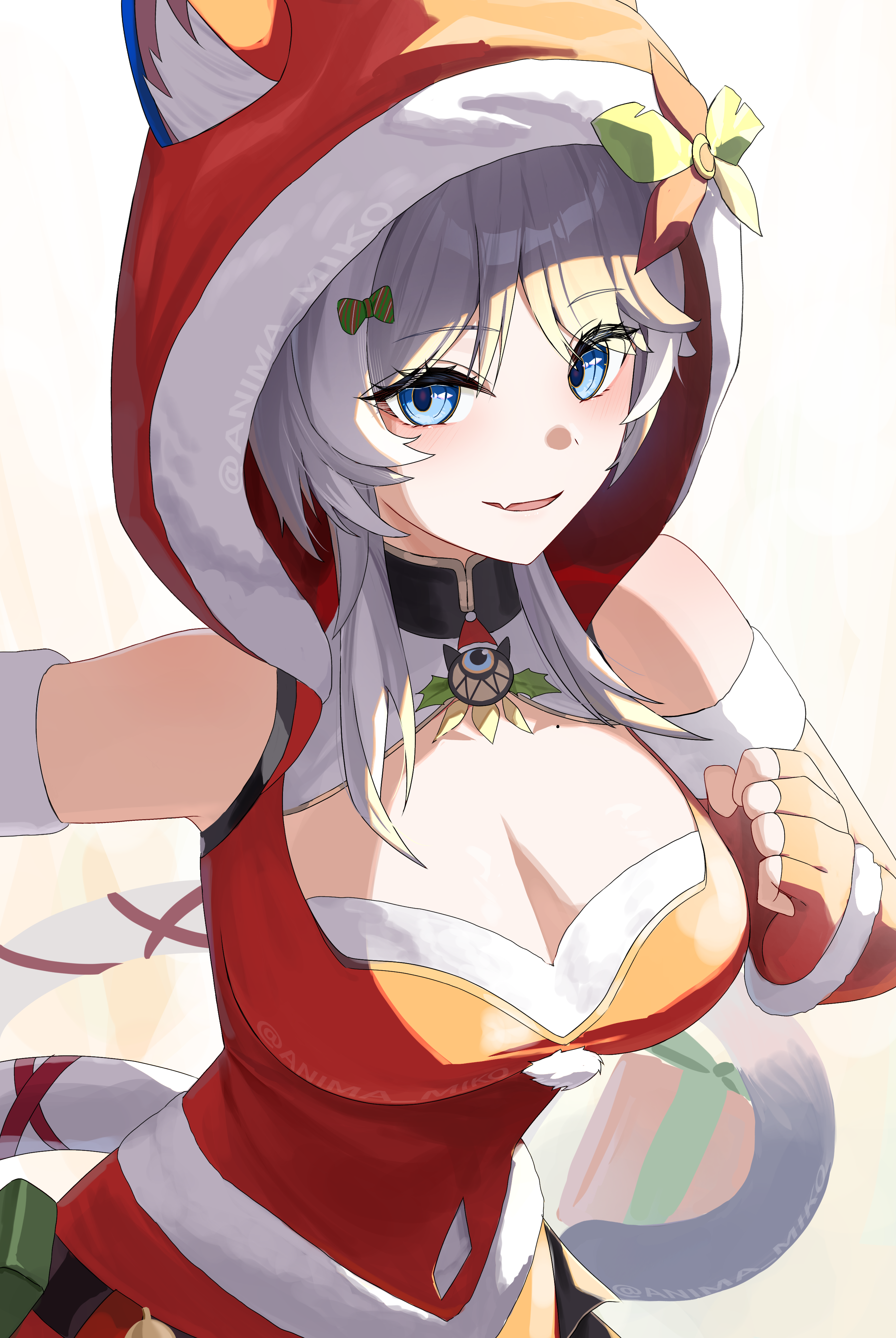 anima miko, cipher (honkai: star rail), honkai: star rail, honkai (series), absurdres, commentary request, highres, 1girl, alternate costume, animal ear fluff, blue eyes, breasts, cat girl, choker, christmas, cleavage, detached sleeves, fang, fingerless gloves, gloves, grey hair, large breasts, leotard, skin fang