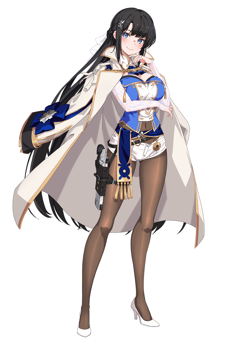 lost sword: tales of britania, game cg, highres, official art, third-party source, 1girl, arm across chest, ascot, black hair, blue ascot, blue eyes, blue sash, blue shirt, breasts, cleavage, coat, coat on shoulders, covered navel, dot nose, elbow gloves, eyebrows hidden by hair, fingerless gloves, fringe trim, full body, gloves, gold trim, gun, hair ornament, hand on own chin, high heels, holster, isabel (lost sword), large breasts, long hair, pink lips, ribbon, sash, see-through clothes, see-through gloves, shirt, shoes, shorts, sidelocks, solo, standing, tassel, thigh holster, transparent background, very long hair, weapon, white coat, white gloves, white ribbon, white shoes, white shorts, wrinkled fabric
