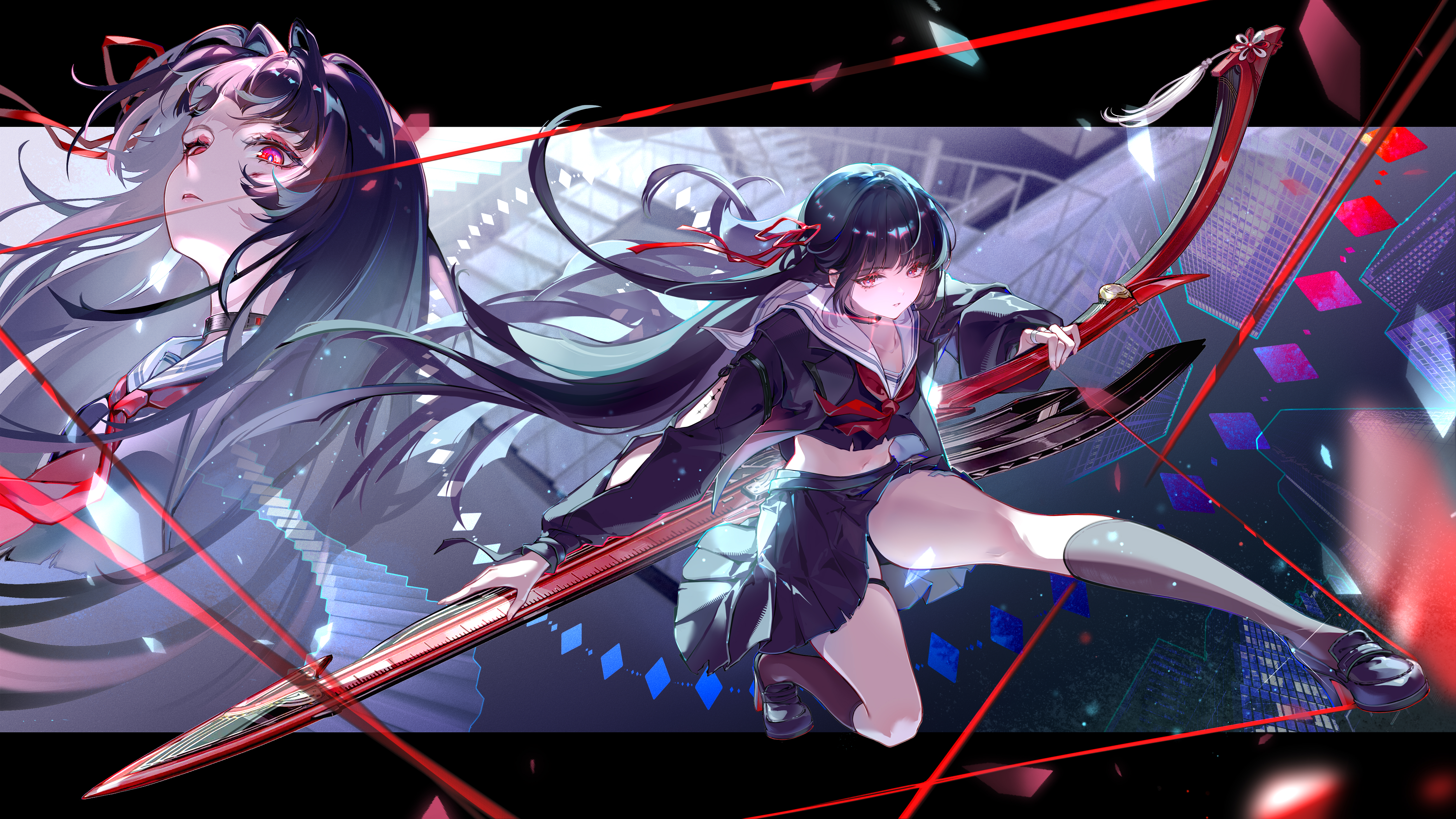 chisa (wuthering waves), wuthering waves, absurdres, artist request, check artist, chinese commentary, commentary request, highres, partial commentary, 1girl, arm cutout, black choker, black hair, black shirt, black shoes, black skirt, black socks, choker, closed mouth, clothing cutout, crop top, hair ribbon, holding, holding sword, holding weapon, long hair, long sleeves, looking at viewer, midriff, multiple views, navel, neckerchief, red eyes, red neckerchief, red ribbon, ribbon, sailor collar, shirt, shoes, skirt, socks, sword, tacet mark (wuthering waves), thighs, weapon, white sailor collar, zelphal