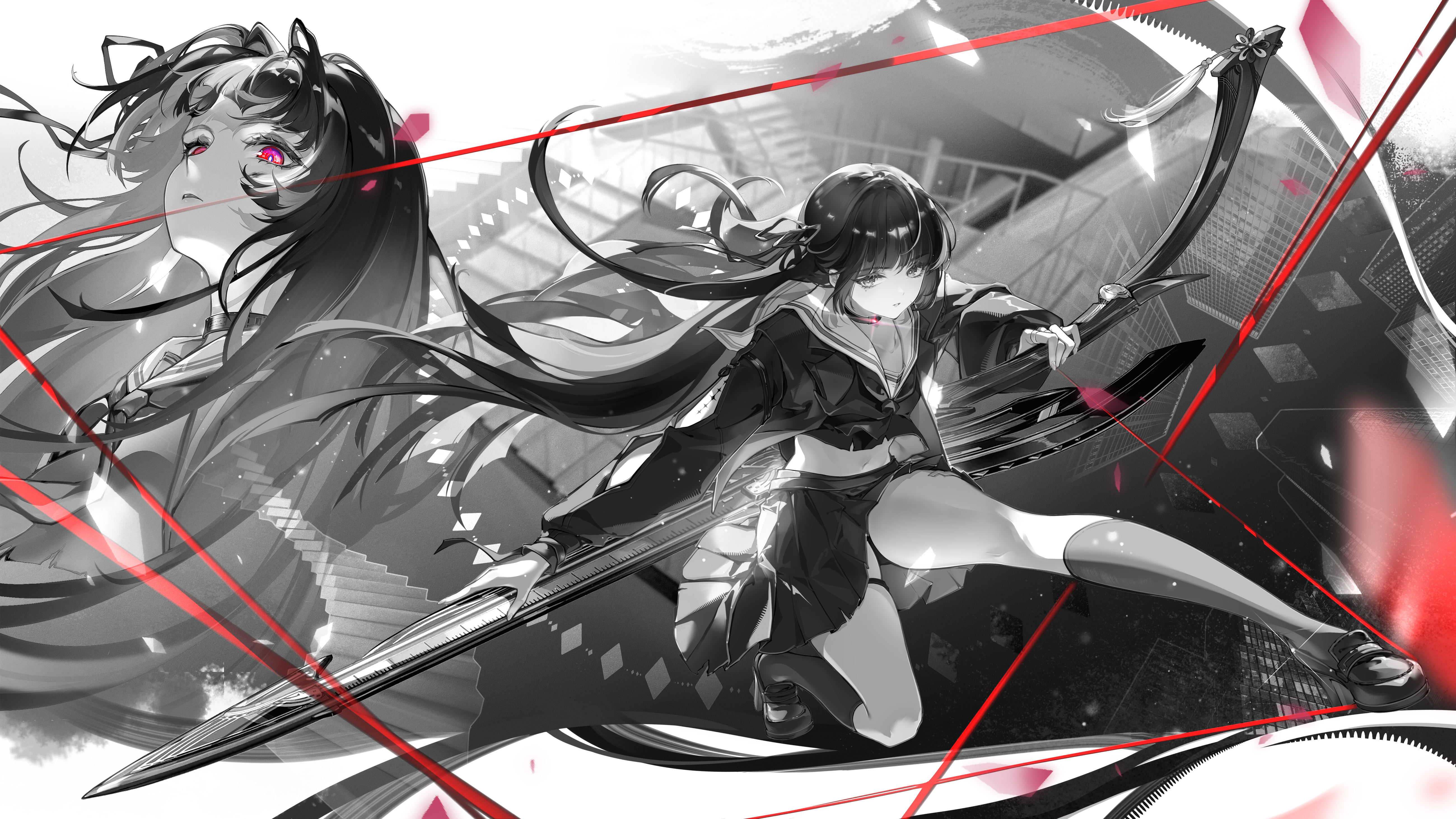 chisa (wuthering waves), wuthering waves, absurdres, artist request, check artist, chinese commentary, commentary request, highres, partial commentary, 1girl, arm cutout, black shoes, black socks, choker, closed mouth, clothing cutout, crop top, greyscale, hair ribbon, holding, holding sword, holding weapon, long hair, long sleeves, looking at viewer, midriff, monochrome, multiple views, navel, neckerchief, red eyes, ribbon, sailor collar, shirt, shoes, skirt, socks, spot color, sword, tacet mark (wuthering waves), thighs, weapon, zelphal