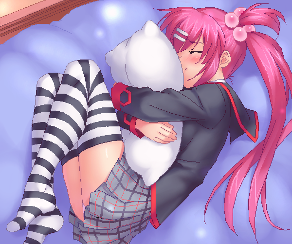 zen, saigusa haruka, little busters!, 1girl, blush, closed eyes, female focus, hug, hugging object, long hair, panties, pantyshot, pillow, pillow hug, pink hair, plaid clothes, plaid skirt, purple hair, school uniform, side ponytail, skirt, sleeping, solo, striped clothes, striped thighhighs, thighhighs, twintails, underwear