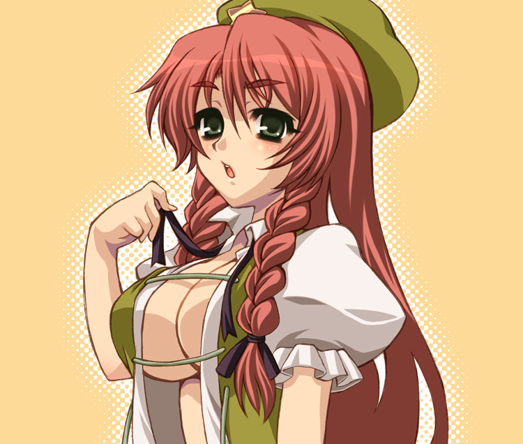 hakoiri nyanko, hakonyan, hong meiling, embodiment of scarlet devil, touhou, 1girl, beret, breasts, cleavage, female focus, green eyes, halftone, halftone background, hat, large breasts, long hair, red hair, solo, star (symbol)