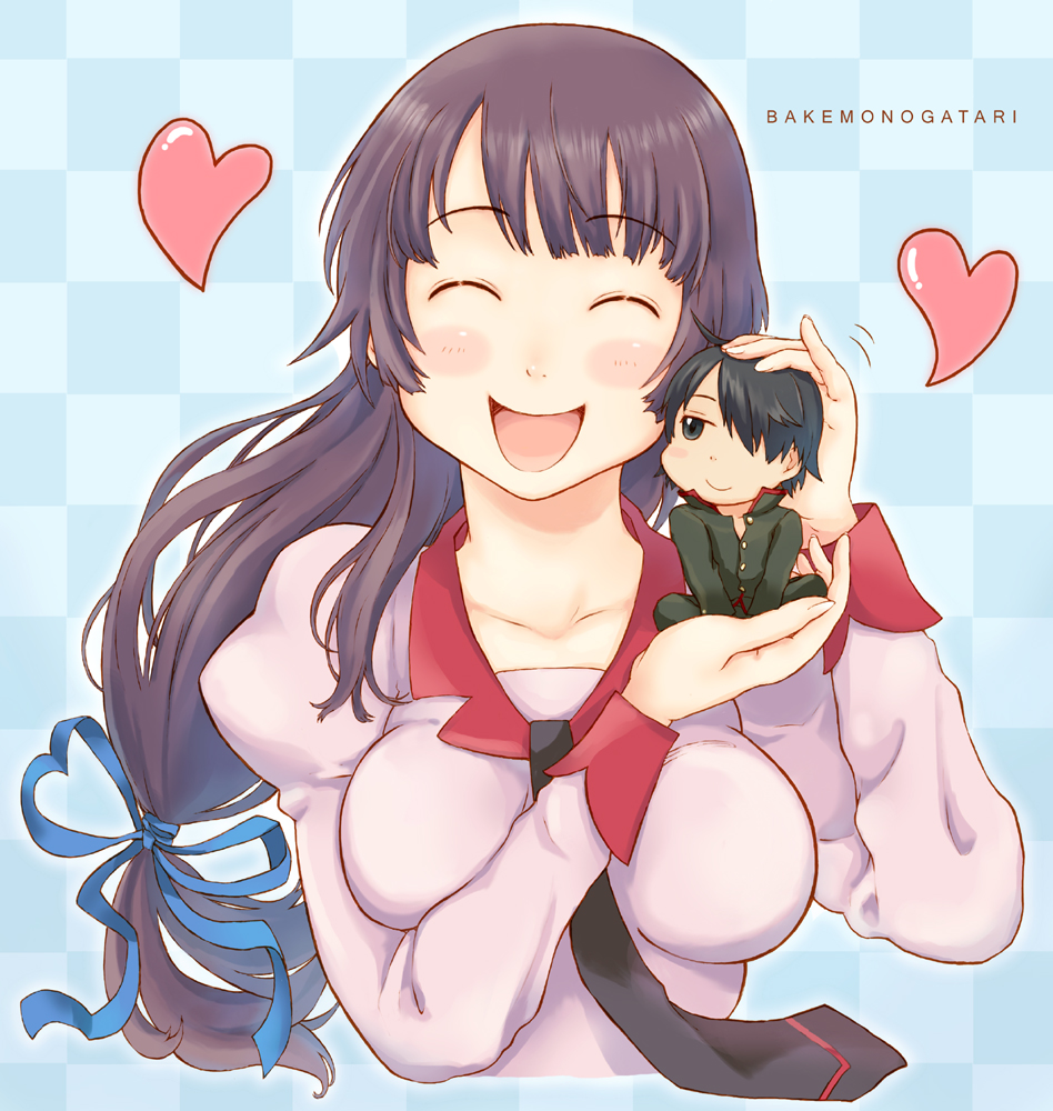 takagi hideaki, araragi koyomi, senjougahara hitagi, bakemonogatari, monogatari (series), bad id, bad pixiv id, 00s, ^ ^, bow, chibi, closed eyes, heart, long hair, necktie, purple hair, smile