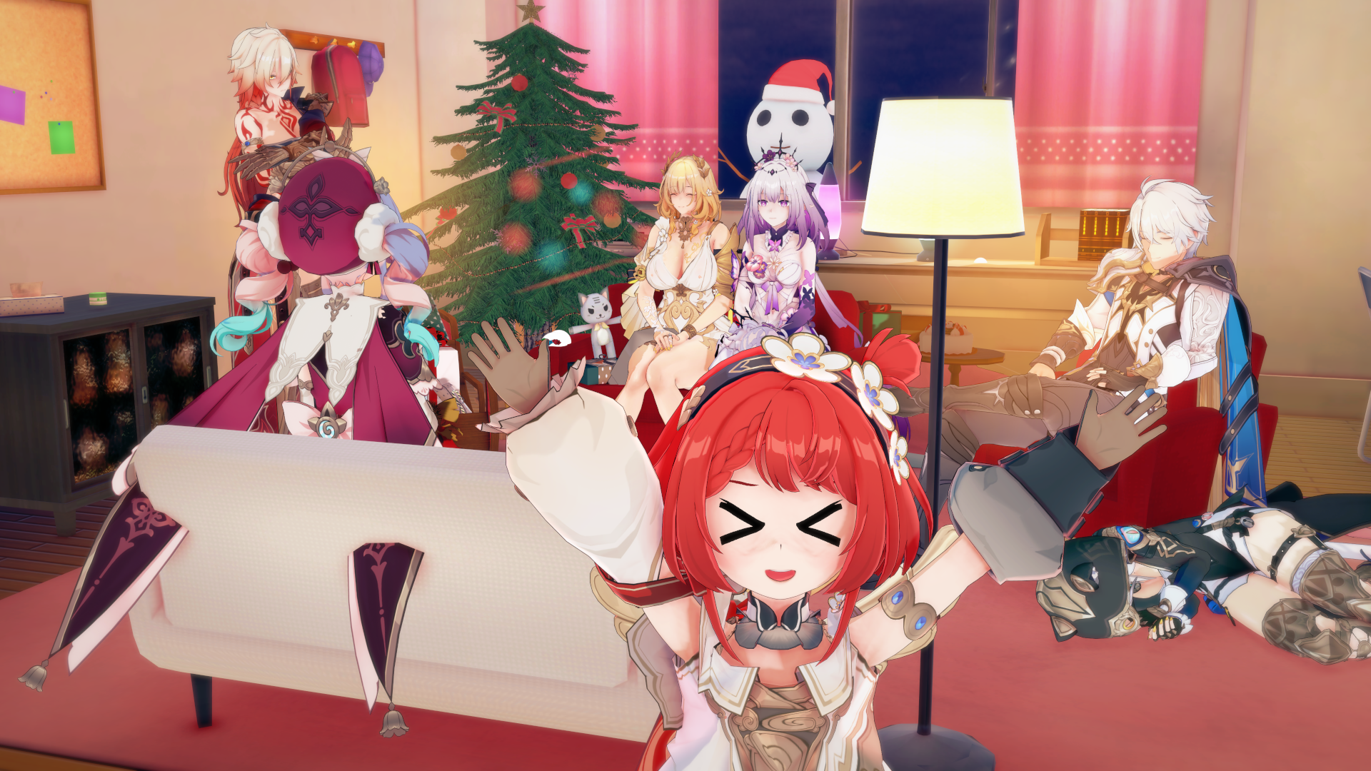 aglaea (honkai: star rail), castorice (honkai: star rail), cipher (honkai: star rail), hyacine (honkai: star rail), mydei (honkai: star rail), phainon (honkai: star rail), tribbie (honkai: star rail), honkai: star rail, honkai (series), commentary, english commentary, highres, 2boys, 6+girls, arms up, breasts, christmas, christmas tree, hertaslab, large breasts, looking at another, looking at viewer, multiple boys, multiple girls, sitting, standing, thighs