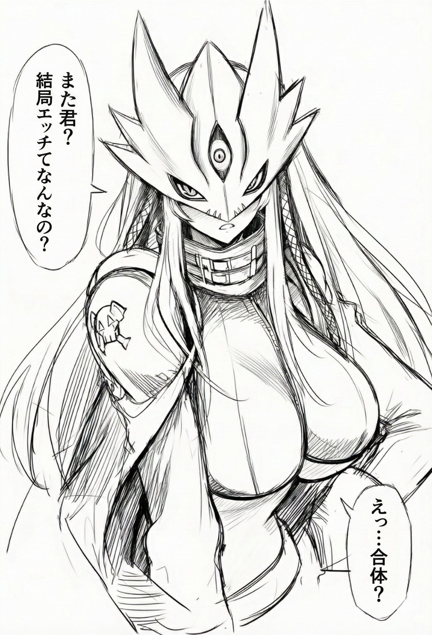 beelstarmon, digimon, commentary request, highres, translated, 1girl, ?, aaki86sp, breasts, confused, digimon (creature), large breasts, long hair, looking at viewer, mask, monochrome, simple background, standing, third eye
