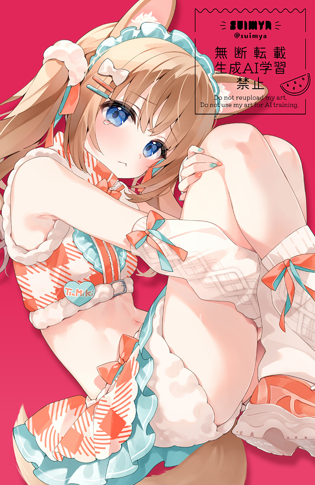 suimya, original, commentary, symbol-only commentary, 1girl, animal ears, arm warmers, artist name, blue eyes, blush, bow, bow skirt, brown hair, closed mouth, crop top, cropped shirt, feet out of frame, fox ears, fox girl, fox tail, frilled skirt, frills, green nails, hair bow, hair ornament, hairclip, knees up, long hair, looking at viewer, miniskirt, multicolored nails, nail polish, orange bow, orange nails, orange shirt, orange shoes, orange skirt, parallel hairclips, pleated skirt, red background, shirt, shoes, short shorts, shorts, simple background, skirt, sleeveless, sleeveless shirt, socks, solo, tail, teardrop, twintails, twitter username, watermark, white bow, white shorts, white socks