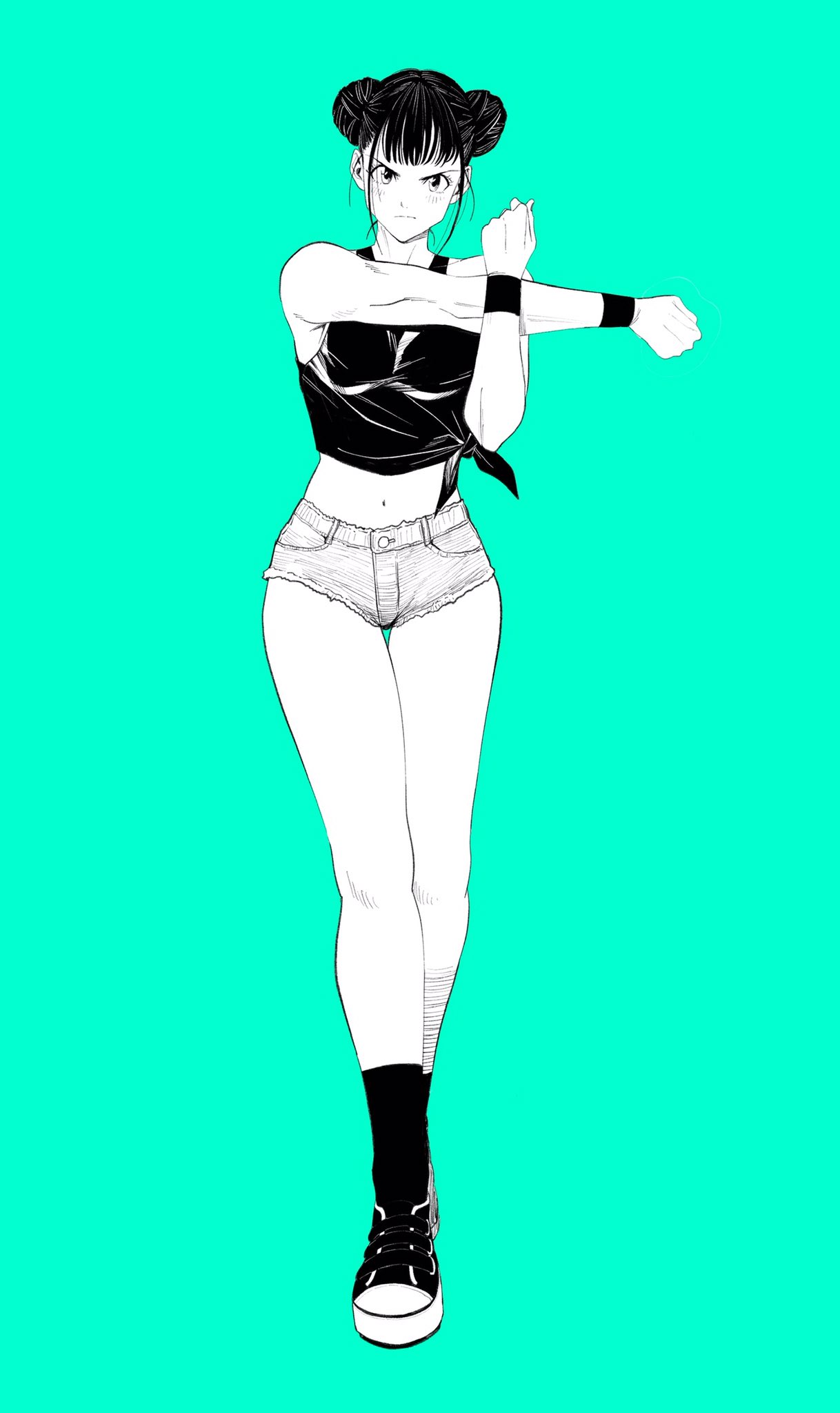 lee (dragon garou), original, commentary request, highres, 1girl, aqua eyes, cross-body stretch, double bun, full body, greyscale with colored background, hair bun, micro shorts, midriff, navel, serious, shoes, shorts, sidelocks, socks, solo, stretching, tank top, tied tank top, v-shaped eyebrows