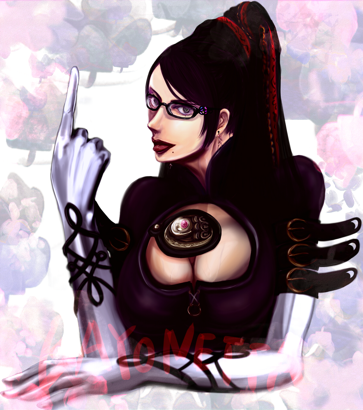 sql, bayonetta, bayonetta (series), highres, black hair, bodysuit, breasts, brown eyes, cleavage, cleavage cutout, clothing cutout, earrings, glasses, hair bun, jewelry, long hair, mole, red ribbon, ribbon, single hair bun, very long hair