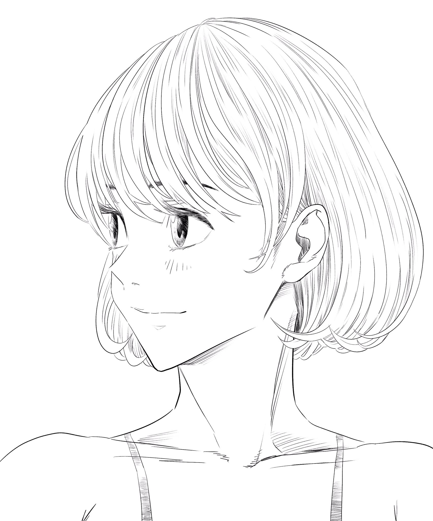 lee (dragon garou), original, commentary request, highres, 1girl, collarbone, eyebrows hidden by hair, eyelashes, greyscale, hatching (texture), looking to the side, monochrome, portrait, sketch, smile, solo