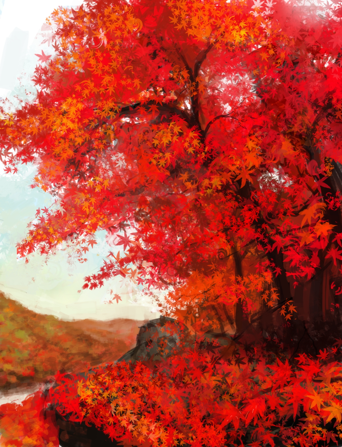 tarako (bradypus), tekkotsu (tekkotz), original, bad id, bad pixiv id, highres, autumn, leaf, maple leaf, nature, no humans, scenery, tree