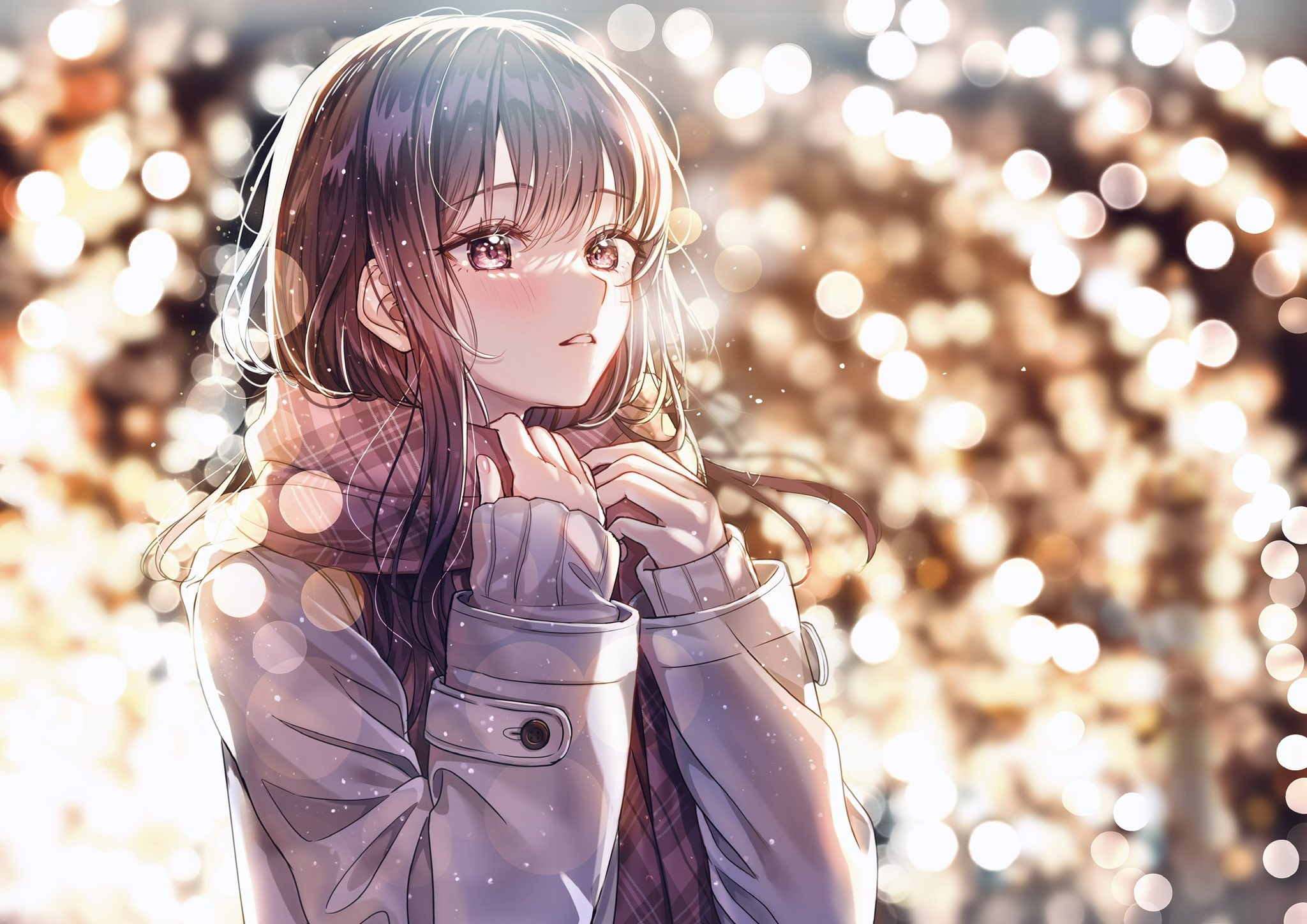 sakura (39ra), original, commentary, highres, 1girl, blurry, blurry background, blush, brown hair, coat, depth of field, grey coat, hands up, long hair, long sleeves, outdoors, parted lips, plaid clothes, plaid scarf, red eyes, red scarf, scarf, solo, upper body