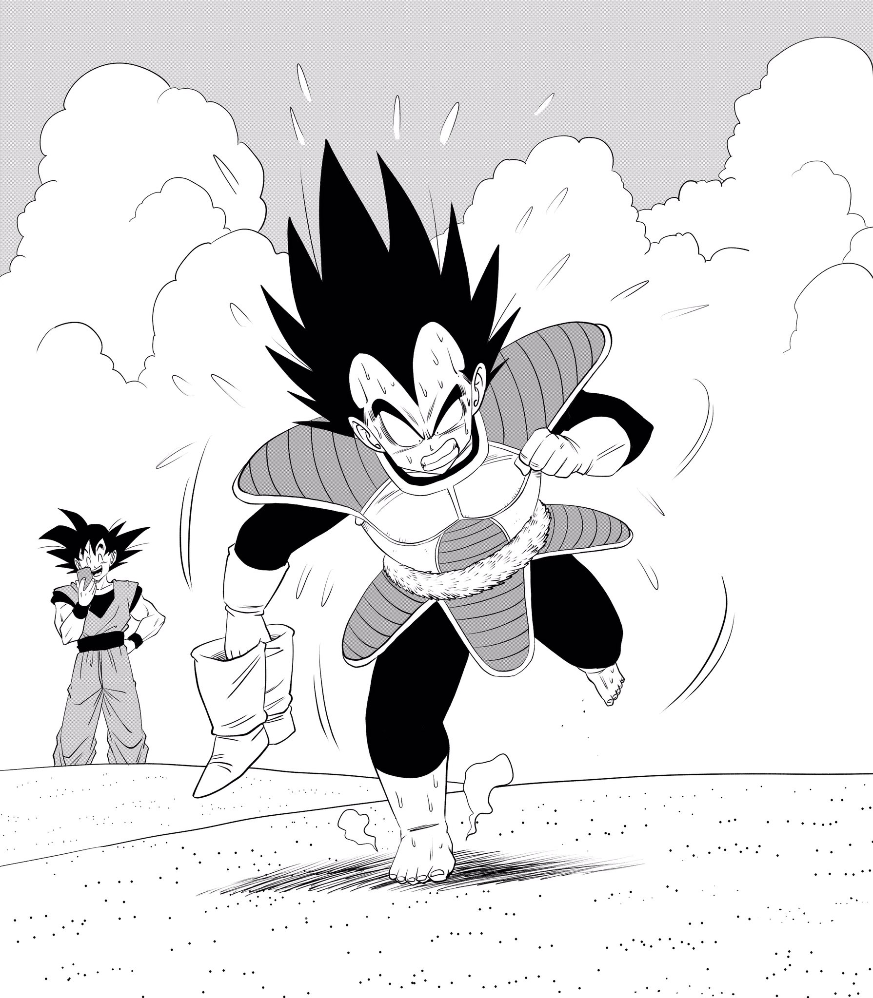 lee (dragon garou), son goku, vegeta, dragon ball, dragonball z, holding footwear, commentary request, highres, 2boys, armor, barefoot, boots, cellphone, clenched teeth, cloud, dougi, flying sweatdrops, greyscale, hand on own hip, holding, holding boots, holding phone, holding unworn clothes, hot, male focus, monochrome, multiple boys, muscular, muscular male, official style, phone, saiyan armor, sand, shoulder armor, smartphone, spiked hair, steam, sweat, tail around own waist, taking picture, teeth, toriyama akira (style), unworn boots, widow's peak