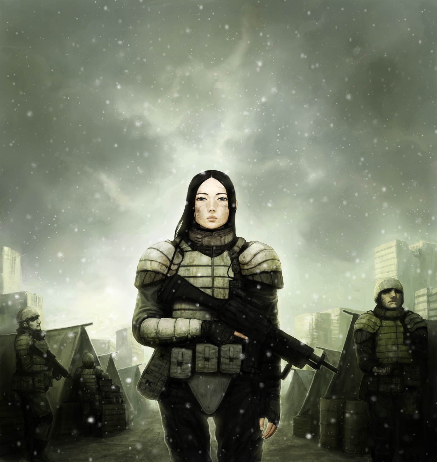 tarako (bradypus), tekkotsu (tekkotz), original, highres, 1girl, 2boys, armor, black eyes, black hair, fingerless gloves, gloves, gun, lips, multiple boys, rifle, snow, soldier, solo focus, tent, weapon