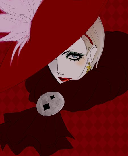 otomoresu, bayonetta, jeanne (bayonetta), bayonetta (series), blue eyes, earrings, eyeshadow, feathers, hat, jewelry, lipstick, makeup, scarf, short hair, white hair