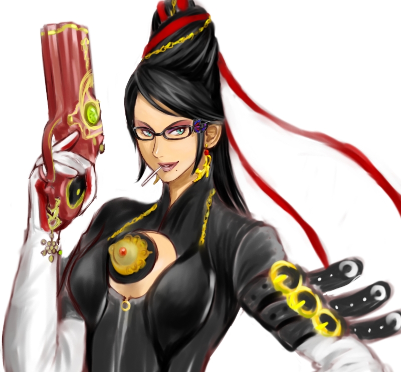 gummitch, bayonetta, bayonetta (series), black hair, blue eyes, bodysuit, breasts, chain, cleavage, cleavage cutout, clothing cutout, earrings, glasses, gun, hair bun, jewelry, long hair, mole, red ribbon, ribbon, single hair bun, very long hair, weapon