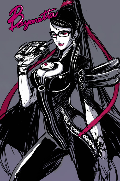 tsukkyo, bayonetta, bayonetta (series), black hair, bodysuit, breasts, cleavage, cleavage cutout, clothing cutout, earrings, glasses, hair bun, jewelry, long hair, mole, red eyes, red ribbon, ribbon, single hair bun, very long hair