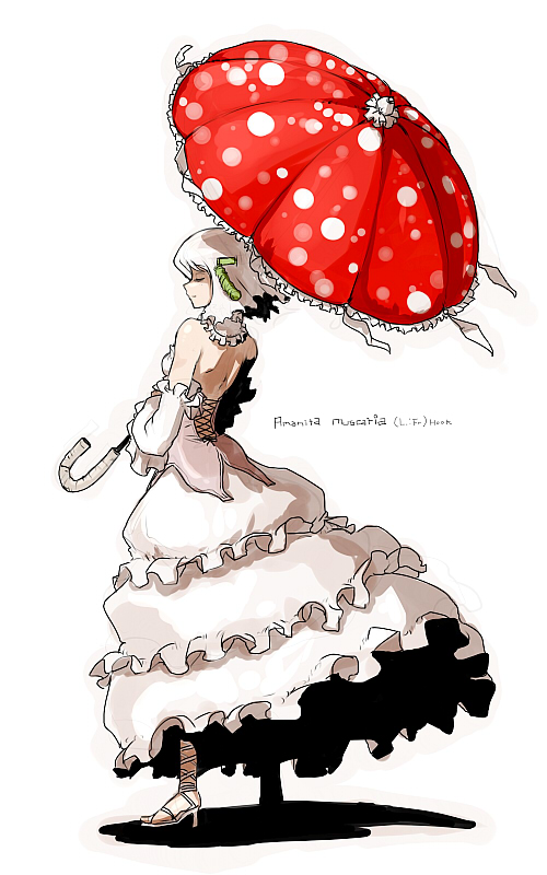 oso (toolate), amanita muscaria, oso-teki kinoko gijinka zukan, 1girl, bare shoulders, closed eyes, detached sleeves, dress, female focus, fly agaric, full body, mushroom, personification, short hair, solo, umbrella, white background, white hair