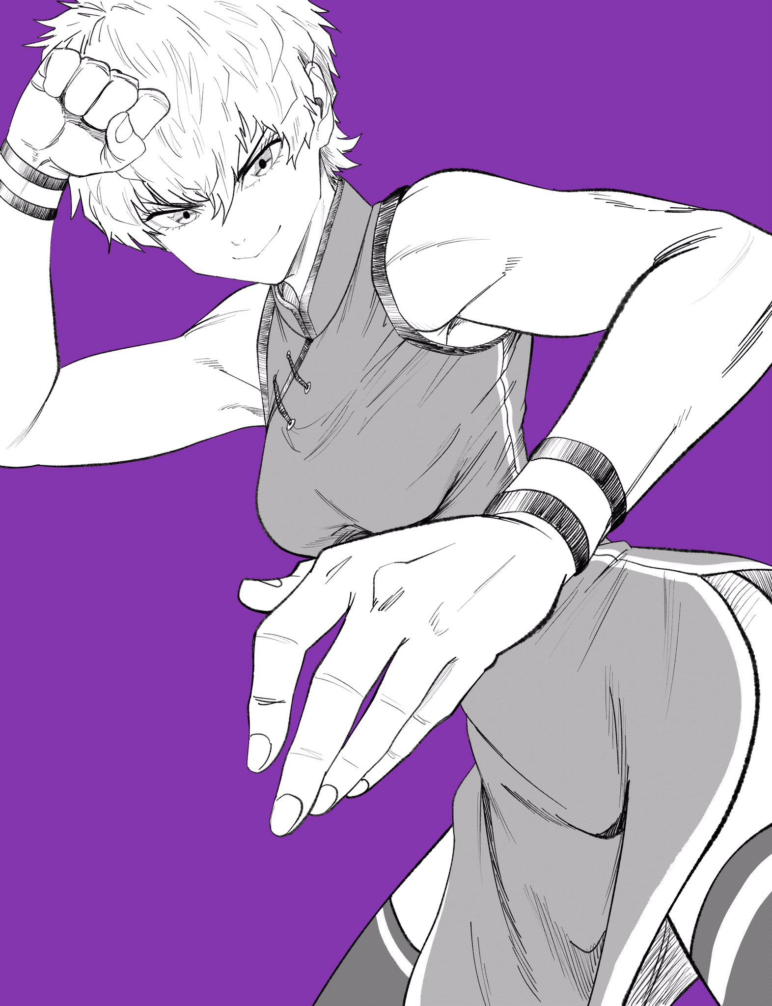 lee (dragon garou), original, commentary request, highres, mixed media, 1girl, breasts, china dress, chinese clothes, clenched hand, cowboy shot, dress, fighting stance, greyscale with colored background, medium breasts, purple background, short hair, side slit, smile, solo, thighhighs, wristband