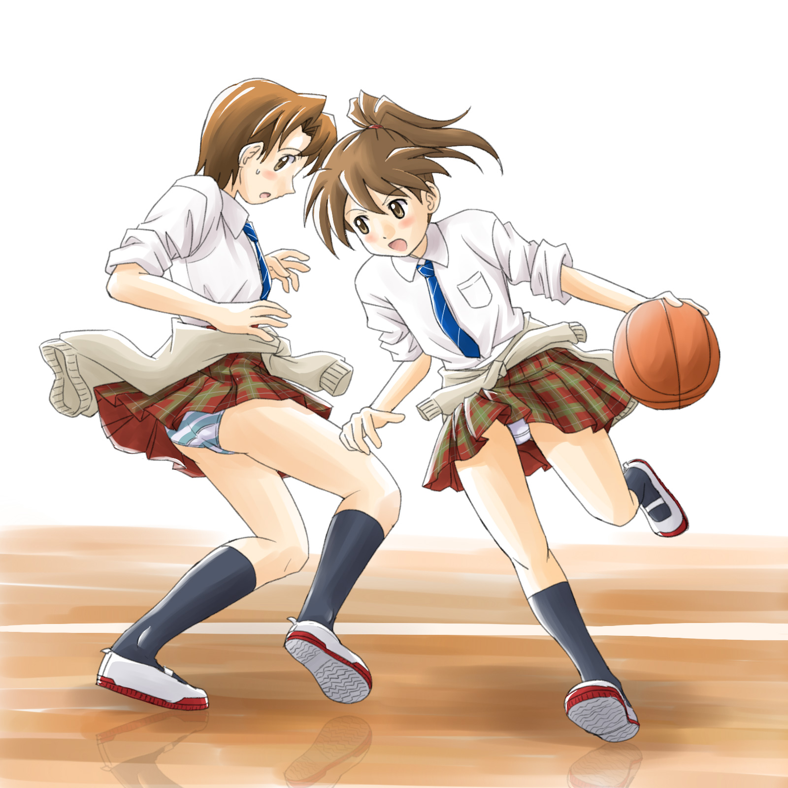 lielos, fujimoto atsuko, poniko (lielos), original, highres, 2girls, ball, basketball, basketball (object), brown hair, dribbling (basketball), gym, multiple girls, panties, pantyshot, ponytail, reflection, school uniform, short hair, skirt, sleeves rolled up, striped clothes, striped panties, underwear, upskirt