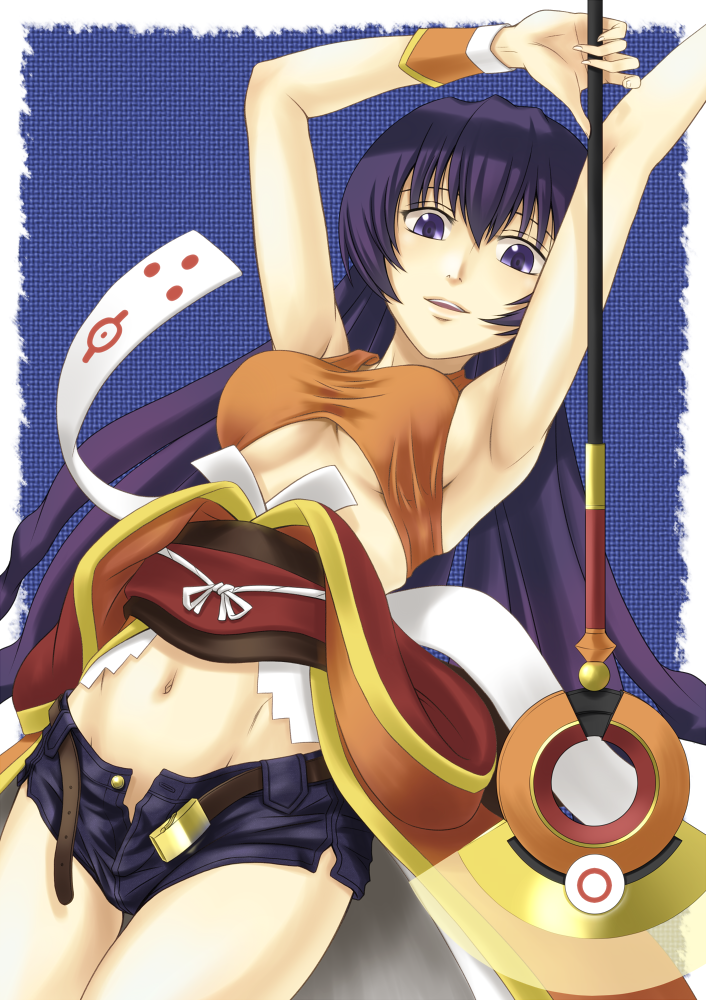 sukua, tk28, cocona vatel, ar tonelico, ar tonelico ii, gust, 00s, 1girl, aged up, armpits, bare shoulders, breasts, female focus, long hair, midriff, navel, purple eyes, purple hair, shorts, solo