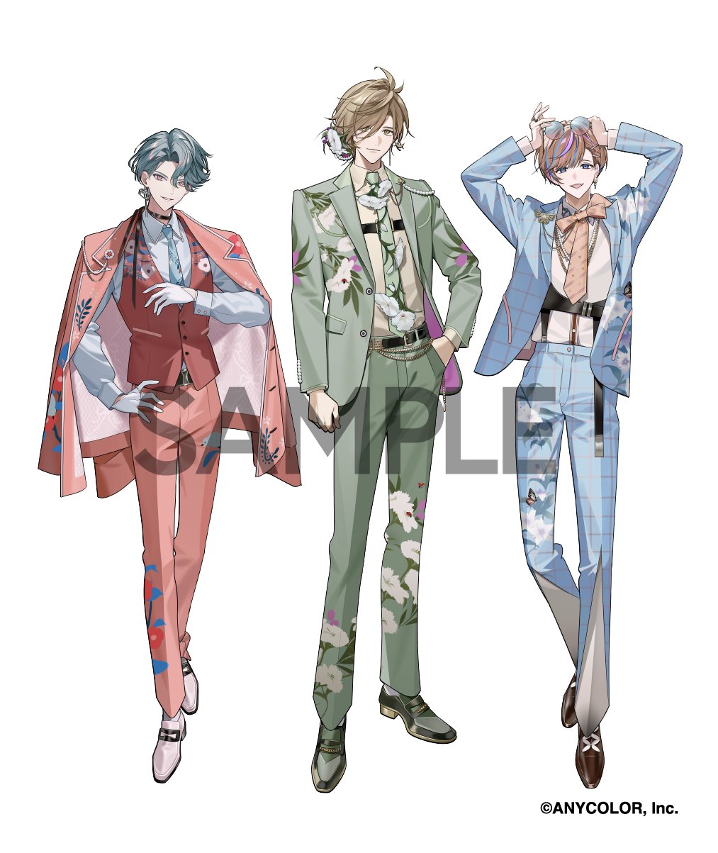 yukko (matakite 4kaku), freodore (nijisanji), oliver evans, seible (nijisanji), nijisanji, nijisanji en, commentary request, highres, official art, 3boys, animal print, aqua hair, arm at side, belt, belt buckle, black belt, black choker, black ribbon, black shoes, blue-tinted eyewear, blue eyes, blue hair, blue necktie, blue shirt, blue suit, bow, bowtie, brooch, brown hair, brown shoes, buckle, butterfly print, chain, chain necklace, chest harness, choker, closed mouth, collared shirt, copyright notice, curtained hair, dress pants, dress shoes, earrings, eyewear on head, floral print, flower, flower brooch, formal clothes, full body, gloves, green eyes, green jacket, green necktie, green shoes, green suit, hair behind ear, hair between eyes, hair flower, hair ornament, hair over one eye, hairclip, hand in pocket, hand on own hip, hand up, hands on own head, harness, jacket, jacket on shoulders, jewelry, lapel pin, lapels, lineup, loafers, long sleeves, looking at viewer, male focus, mole, mole under eye, monk shoes, multicolored hair, multicolored shoes, multiple boys, multiple rings, necklace, necktie, notched lapels, one eye covered, open clothes, open jacket, orange bow, orange bowtie, orange suit, orange vest, pants, parted hair, pearl hair ornament, pearl necklace, pink eyes, plaid clothes, plaid jacket, plaid pants, plaid suit, print jacket, print necktie, print pants, print vest, purple flower, ribbon, ribbon choker, ring, round eyewear, sample watermark, shirt, shirt tucked in, shoes, short hair, simple background, single earring, smile, standing, streaked hair, suit, tinted eyewear, two-sided fabric, two-sided jacket, two-tone shoes, vest, virtual youtuber, wallet chain, watermark, white background, white flower, white gloves, white shirt, white shoes, yellow shirt