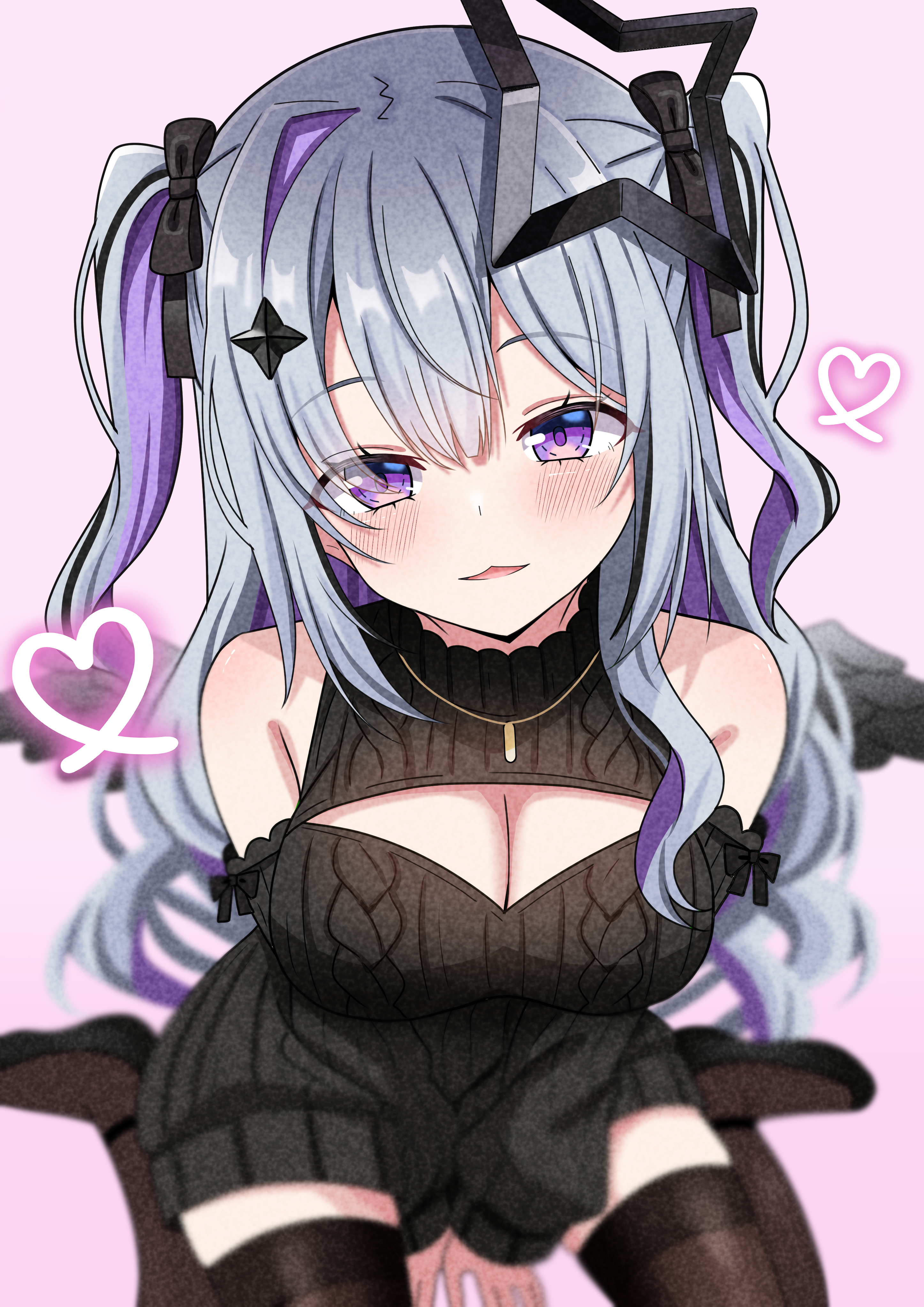 hosinonana, amane konata, hololive, absurdres, commentary request, highres, 1girl, black bow, black shoes, black streaks, black sweater, black thighhighs, blush, bow, breasts, cable knit, cleavage, cleavage cutout, clothing cutout, grey hair, large breasts, looking at viewer, multicolored hair, open mouth, purple eyes, purple streaks, shoes, smile, solo, streaked hair, sweater, thighhighs, virtual youtuber