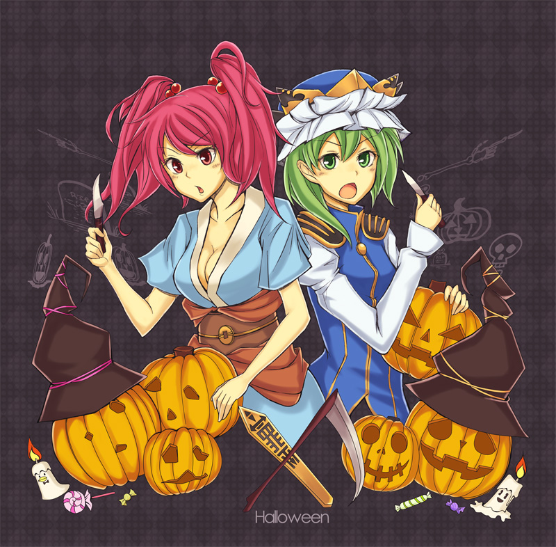 kiyuren, onozuka komachi, shiki eiki, touhou, 2girls, breasts, candle, cleavage, female focus, green eyes, green hair, hair bobbles, hair ornament, hat, jack-o'-lantern, knife, large breasts, multiple girls, pumpkin, red eyes, red hair, rod of remorse, scythe, short hair, twintails, two side up, witch hat