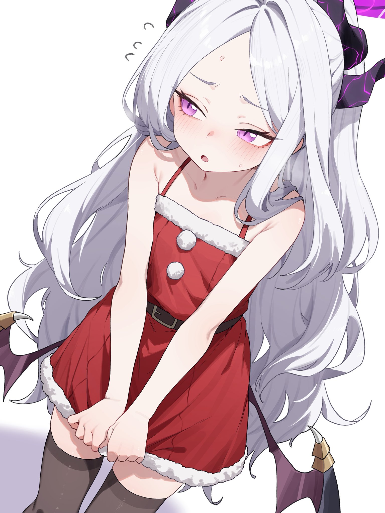 heoningu, hina (blue archive), blue archive, commentary request, highres, 1girl, alternate costume, black thighhighs, demon horns, demon wings, dress, halo, horns, long hair, looking to the side, low wings, purple eyes, purple halo, red dress, santa costume, santa dress, sleeveless, sleeveless dress, solo, thighhighs, very long hair, white background, white hair, wings