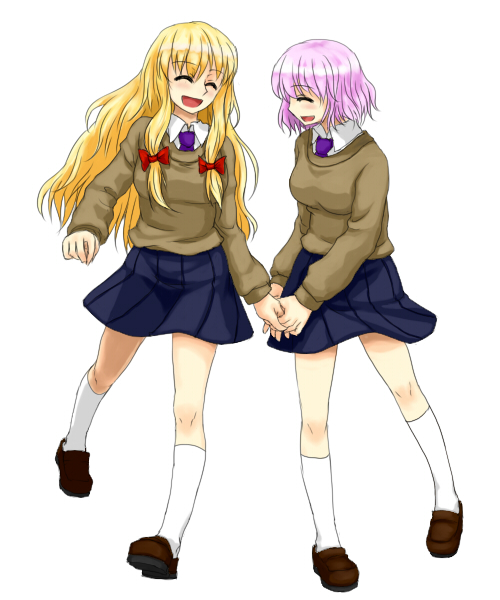 saigyouji yuyuko, yakumo yukari, touhou, 2girls, alternate costume, blonde hair, closed eyes, contemporary, female focus, holding hands, long hair, multiple girls, pink hair, school uniform, short hair, smile