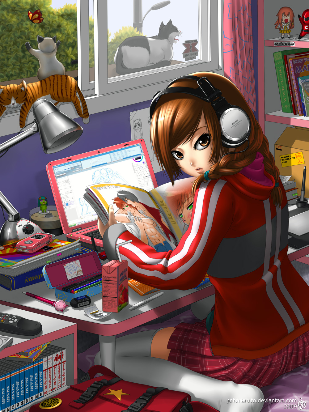 original, highres, braid, brown eyes, brown hair, cat, cellphone, computer, computer keyboard, drink carton, headphones, juice box, magazine (object), phone, skirt, solo, thighhighs, twin braids