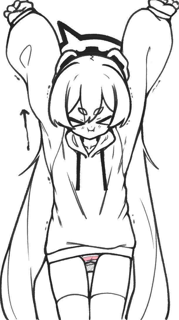 0dot001hz, koyuki (blue archive), blue archive, commentary, symbol-only commentary, > <, 1girl, alternate costume, arms up, arrow (symbol), closed eyes, closed mouth, collarbone, greyscale, halo, hood, hoodie, long hair, monochrome, naked hoodie, nearly naked hoodie, panties, pantyshot, pink panties, short eyebrows, solo, spot color, striped clothes, striped panties, thighhighs, trembling, twintails, underwear, very long hair, white thighhighs