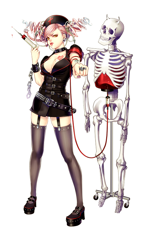 biscology, original, bad id, bad pixiv id, 1girl, blood, drill hair, female focus, intravenous drip, legs, nurse, short hair, skeleton, solo, syringe, thighhighs, twintails, yellow eyes