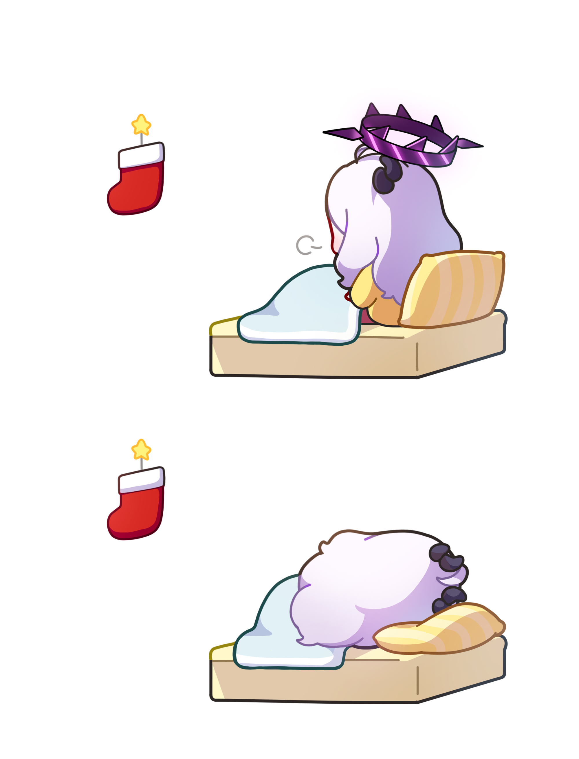 uz (uzru0428), hina (blue archive), hina (pajamas) (blue archive), blue archive, absurdres, commentary, english commentary, highres, 1girl, ahoge, black halo, chibi, chibi only, christmas, deformed, demon girl, demon horns, halo, horns, long hair, on bed, simple background, sleeping, very long hair, white background, white hair