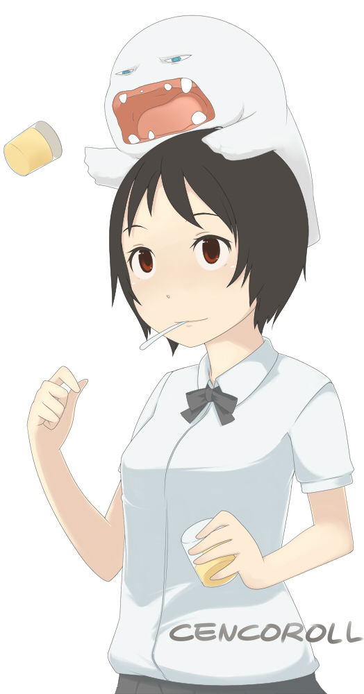 katakura supipi, cenco, yuki (cencoroll), cencoroll, minimized, bad id, bad pixiv id, 1girl, black hair, food, monster, open mouth, pudding, red eyes, school uniform, short hair, smile, spoon, teeth