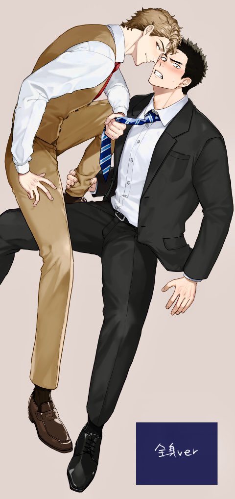 jita (jita5max), commentary request, translation request, 2boys, asuma (risky sugar spice), black hair, black jacket, black pants, black shoes, black socks, blush, brown hair, brown pants, brown shoes, brown vest, buttons, clenched teeth, collared shirt, dress shoes, grabbing another's ankle, inukai (risky sugar spice), jacket, male focus, multiple boys, necktie, pants, red necktie, risky sugar spice, shirt, shoes, short hair, sitting, socks, striped clothes, striped necktie, teeth, vest, white shirt, yaoi