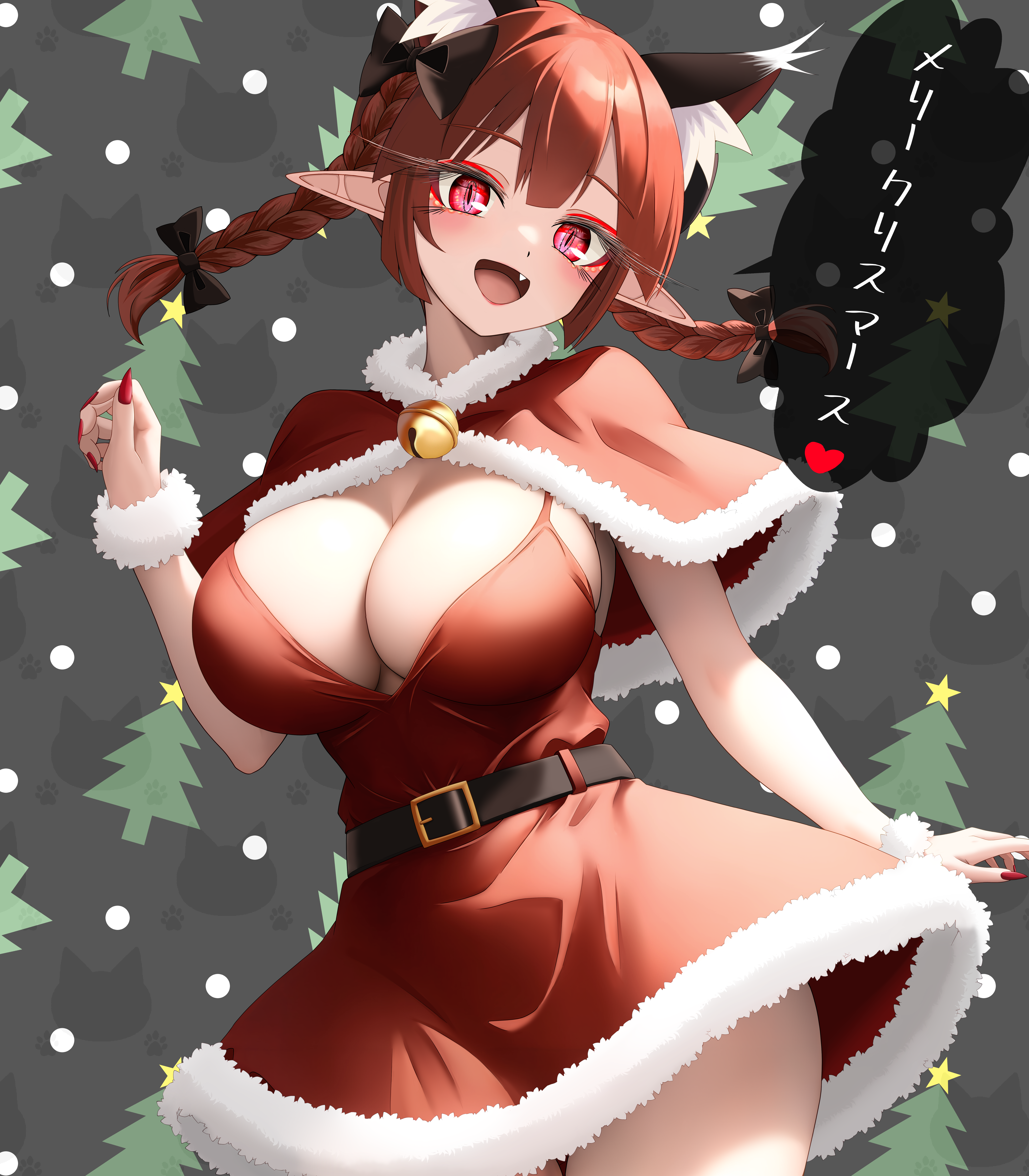 sugar you, kaenbyou rin, touhou, absurdres, commentary request, highres, translated, 1girl, animal ear fluff, animal ears, bell, belt, belt buckle, black belt, black bow, bow, braid, breasts, buckle, cat ears, cat girl, christmas, christmas tree, fingernails, hair bow, jingle bell, large breasts, long eyelashes, long hair, merry christmas, pointy ears, red eyes, red hair, red nails, sharp fingernails