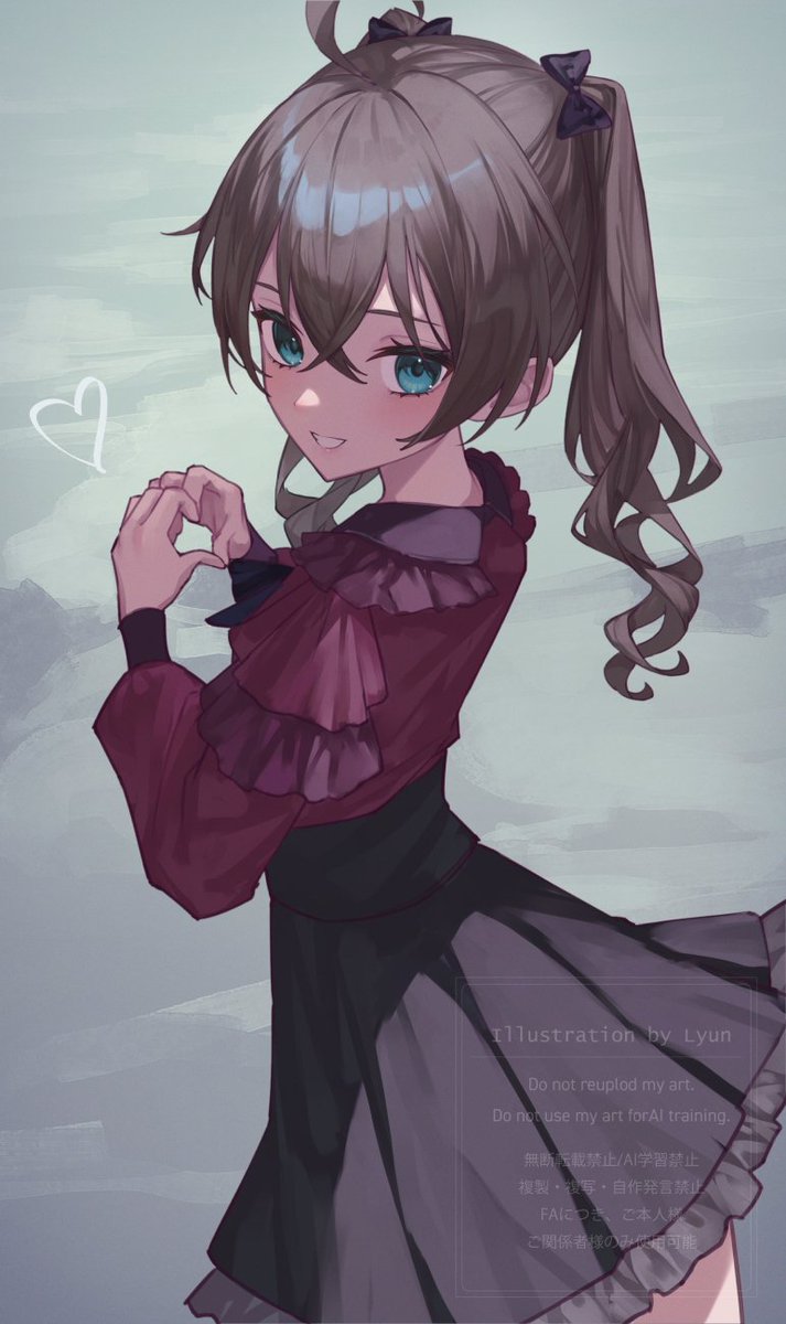 xyunx, natsuiro matsuri, hololive, commentary, highres, 1girl, ahoge, alternate costume, black bow, black skirt, blue eyes, bow, brown hair, closed mouth, frilled shirt, frills, hair bow, heart, heart hands, looking at viewer, medium hair, one side up, red shirt, shirt, skirt, smile, solo, virtual youtuber